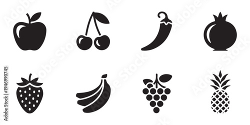 Fruit and vegetable silhouette icon collection including strawberry banana grapes pineapple cherry pepper
