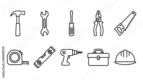 This image features a collection of various construction and hand tools as simple black outline icons on a clean white background, perfect for DIY, web, or graphic design projects.
