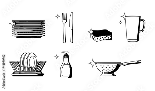 A set of kitchen utensils and dishes in a minimalist line art style