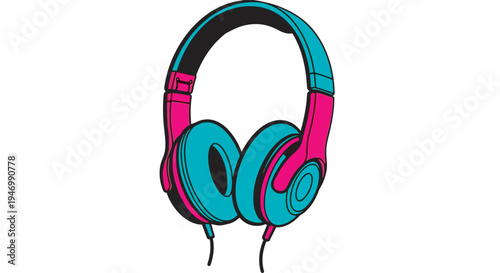 A pair of modern over-ear headphones in a vibrant teal and pink color scheme with black outlines and visible audio cables.
