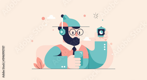Bearded man in headphones holding smartphone and smartwatch