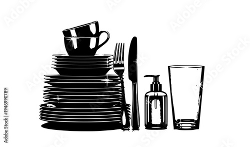 A black and white vector graphic illustration of kitchen utensils and dishes