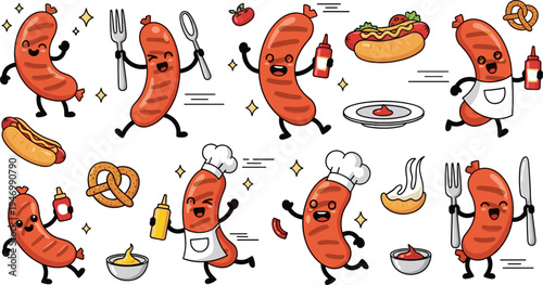 Funny Cartoon Sausage Characters Vector Set with Hot Dog Pretzel Mustard Chef Costume and Food Mascot Illustrations Collection Isolated on White Background