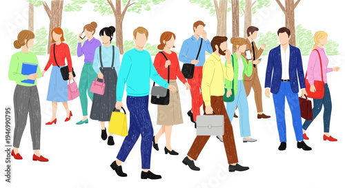 A group of people walking in a park with trees and greenery around them