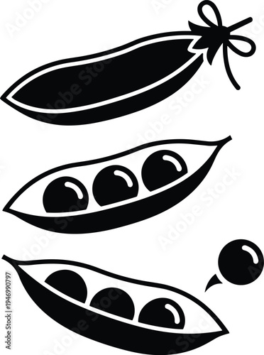 Pea pod vegetable icon set black silhouette fresh green peas food ingredient organic farm nutrition vector illustration