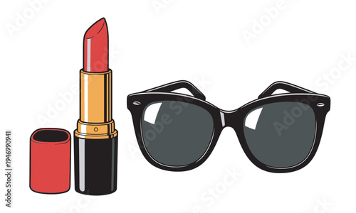 A set of stylish female accessories featuring bright red lipstick and elegant black cat-eye sunglasses.