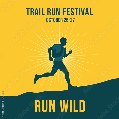 Inspiring Trail Run Festival Advertisement Featuring Energetic Runner and Bold Design