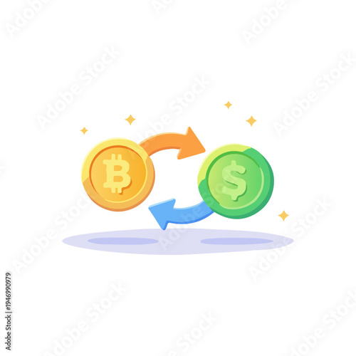 Cryptocurrency Exchange Concept with Bitcoin and Dollar Coins Illustration. Digital Currency Conversion and Crypto Trading Financial Icon Design