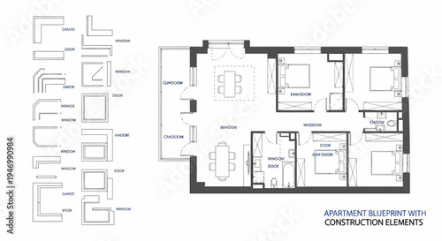 Architectural floor plan with construction elements and measurements