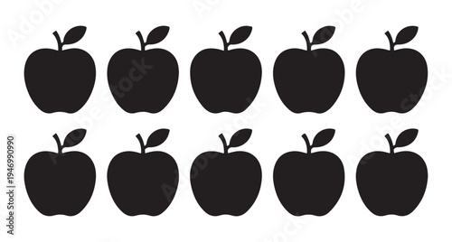 Ten apple fruit silhouettes arranged in two rows isolated on white background healthy organic food icons