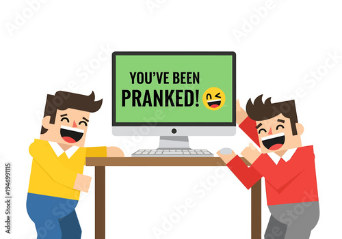 A playful digital prank brings uncontrollable laughter and joy to two excited friends gathered around a computer screen