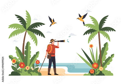 Adventurous Man Explores Tropical Island Beach with Telescope, Observing Exotic Nature and Wildlife Under Clear Skies