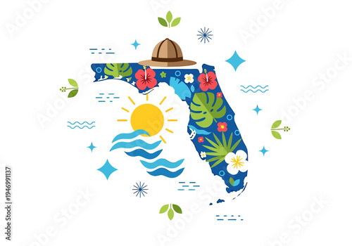 Vibrant flat design illustration showcasing the sunny tropical beauty of Florida, adorned with iconic natural elements and a spirit of adventure, perfect for travel promotions