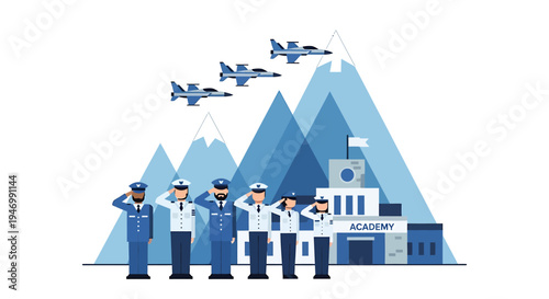 Saluting military academy officers and fighter pilots represent national defense. A modern academy, majestic mountains, and powerful jets illustrate dedication and service