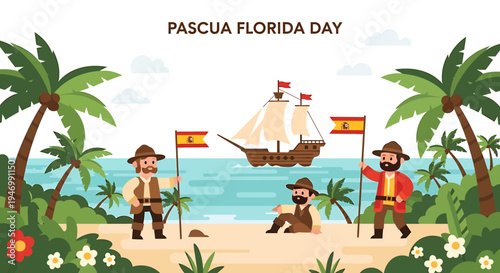 Flat vector illustration commemorating the Spanish expedition's arrival in a new tropical land, depicting explorers, a sailing ship, and a vibrant coastal landscape