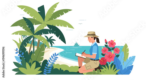 Vibrant illustration of a dedicated researcher documenting exotic flora on a tropical beach, surrounded by lush palm trees and the serene ocean under a bright sky