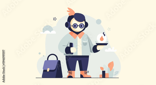 A stylized character holding a tray with a glowing orb, ready for work