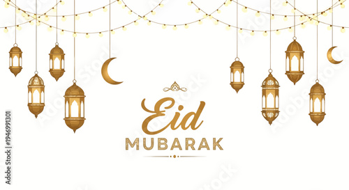 Eid Mubarak Lanterns and Moon Phase.