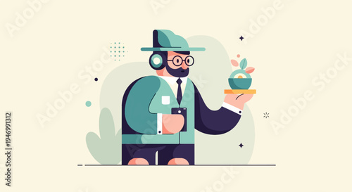 A stylized man in a hat and vest holds a bowl of food on a tray