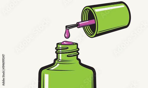 A close-up illustration of a bright green nail polish bottle with its cap removed, showing a purple liquid dripping from the brush.
