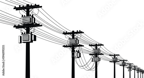 Stylized utility poles illustration, electrical transformers on crossarms, overhead power lines distribution network, black and white vector art, energy infrastructure concept, industrial design
