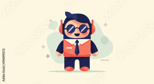 Cartoon character with glasses, headphones, tie, and vest