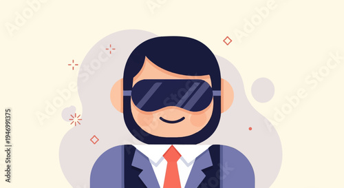 A stylized person wears a virtual reality headset and suit, smiling