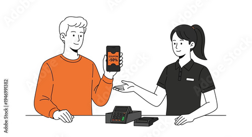 Man and woman interacting with smartphone and payment terminal