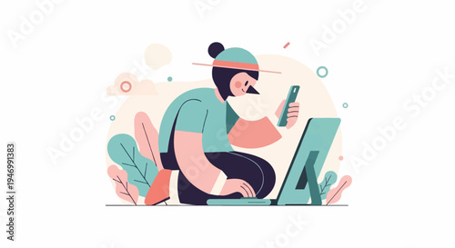 Person working on computer and phone amidst abstract foliage and shapes