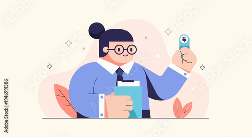 Cartoon character in business attire holding clipboard and stamp