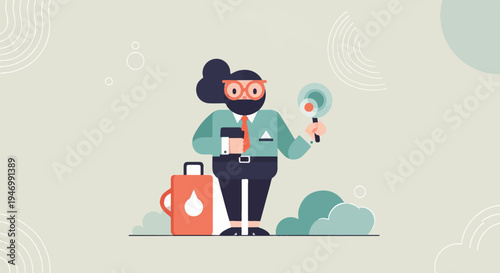 A stylized person in business attire examines with a magnifying glass