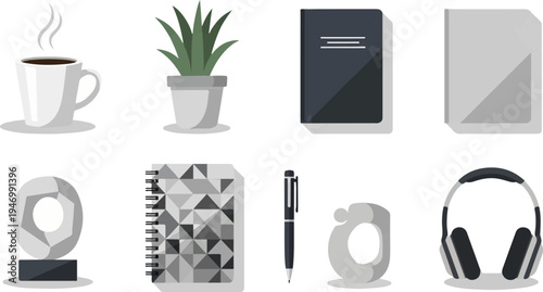 Flat icons of office and personal items including coffee, plant, book, papers, and headphones