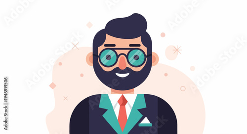 Flat illustration of a bearded man in a suit and tie, wearing glasses
