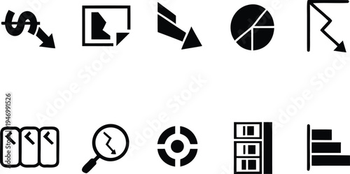Financial crisis and business loss analysis vector icon set.