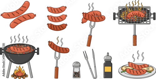 Grilled Sausage BBQ Cooking Vector Set with Barbecue Grill Fork Tongs Seasoning Bottle and Plate Cartoon Food Illustration Collection Isolated on White Background