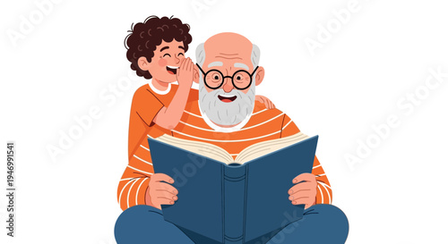 A cartoon illustration of a boy and an old man reading a book together