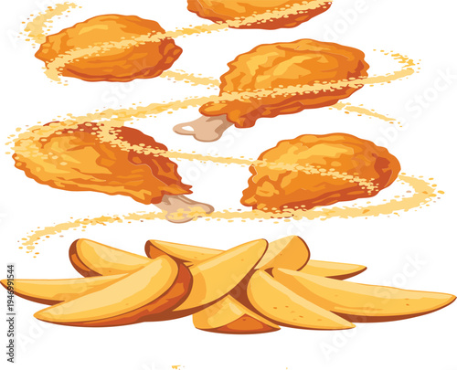 Dynamic flying fried chicken drumsticks with potato wedges and golden crumbs swirl vector illustration isolated on white background for fast food menu.