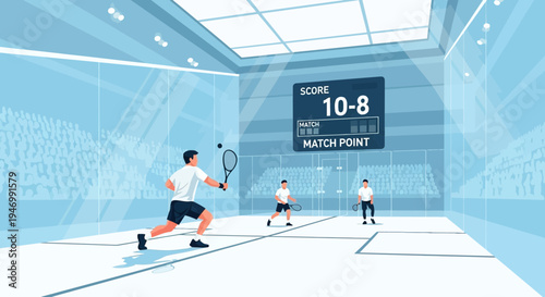Intense Squash Match Depicted On Match Point Displaying The Current Scoreboard