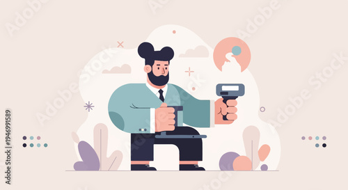 Animated man with beard in teal jacket holds scanner and scanner gun