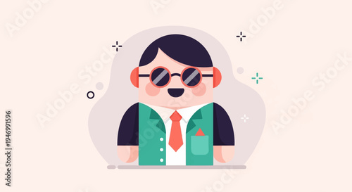 Cheerful, bespectacled figure in business attire with playful geometric elements