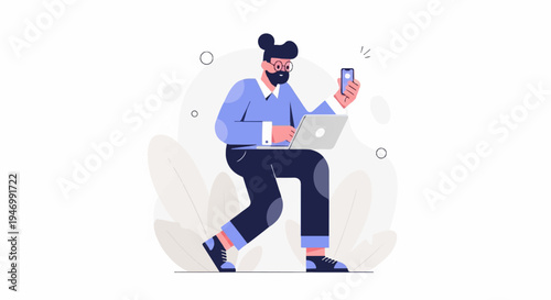 Person with laptop and phone, stylized, with abstract shapes and leaves