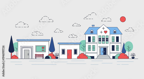 Houses with medical cross and heart on roof