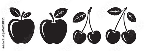 Apple and cherry fruit silhouette icons with leaves set isolated on white background healthy food vector