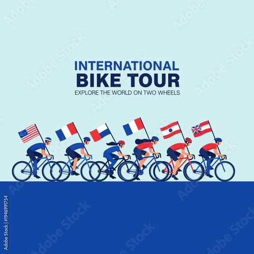 International Bike Tour Depicting Cyclists Representing Various Countries, Cycling Together