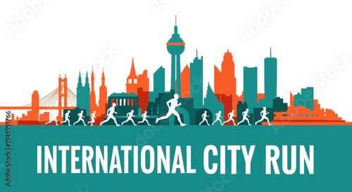 International City Run: A Vibrant Illustration of Urban Marathon Event and Energetic Runners