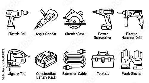 A clean collection of black outline icons features various construction power tools and DIY equipment, including drills, saws, and a toolbox, set against a bright white background,.