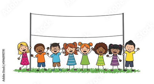 Diverse group of children standing in front of a volleyball net on grass