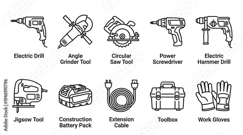 A comprehensive set of ten black outline icons depicting various essential industrial power tools and work accessories, isolated on a clean white background, perfect for construction or DIY themes.