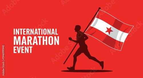 International Marathon Event: Silhouette Of Runner With Flag Against Red Background Design