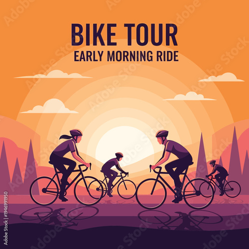 Invigorating Early Morning Bicycle Tour With Cyclists Silhouetted Against Rising Sun